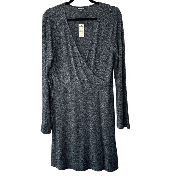 Express Charcoal Gray Soft Long Sleeve Faux Wrap Dress Women's Large New - Picture 7 of 10